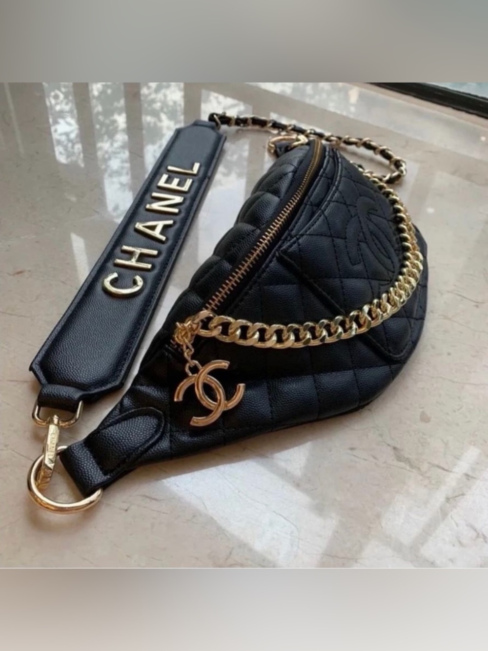 Chanel Black Quilted Leather Mini Belt Bag with Gold Chain and Logo Strap